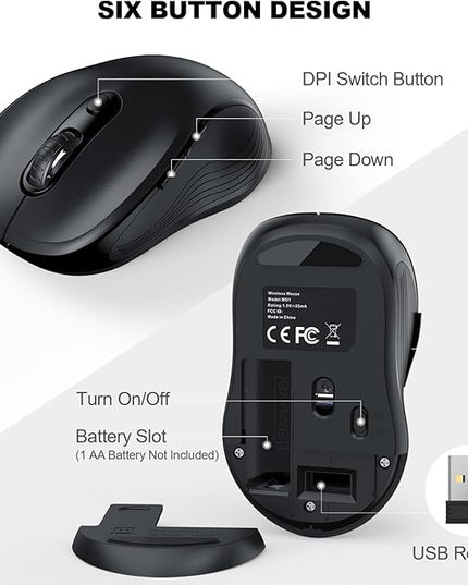 WisFox 2.4G Wireless Mouse for Laptop, Ergonomic Computer Mouse with USB Receiver and Type-C Adapter, 3 Adjustable Levels, 6 Button Cordless Wireless Mice for Windows Mac PC Notebook (Black)