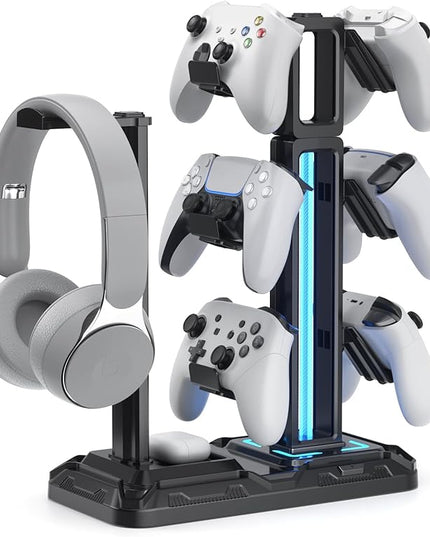 KDD RGB Multi-Controller Holder with 9 Light Modes - Rotatable Universal Headphone Hanger - Controller Stand with 6 Detachable Hooks for Desktop Gamer Accessories
