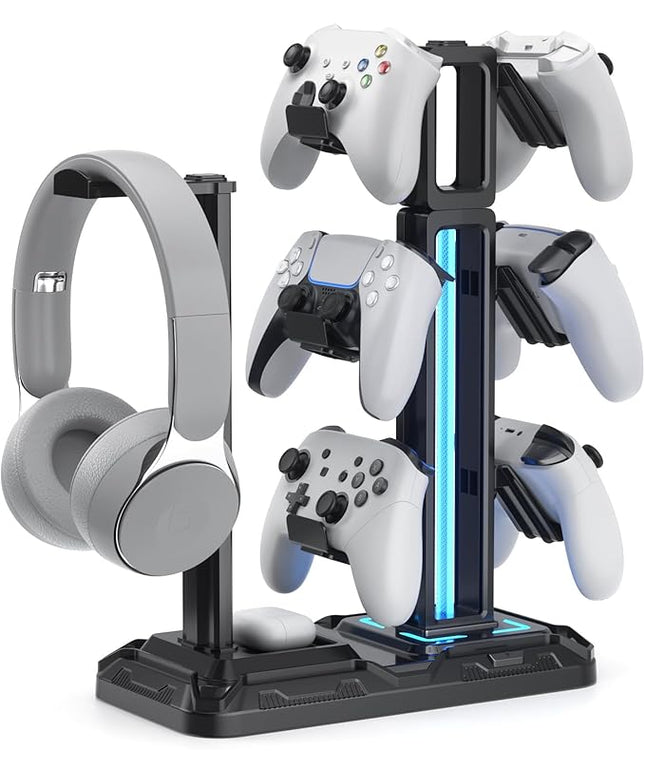 KDD RGB Multi-Controller Holder with 9 Light Modes - Rotatable Universal Headphone Hanger - Controller Stand with 6 Detachable Hooks for Desktop Gamer Accessories