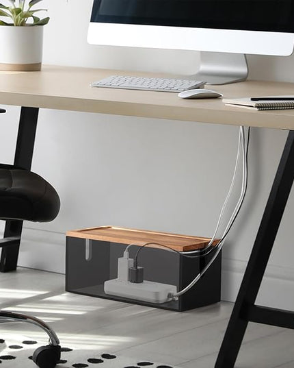 Large Wood Cable Management Box - Cable Organizer Box - 2 Open Slots Cords Hider Box - Under Desk Cord Organizer for Power Strip Extension Cord Surge Protector Charger Wire, Black
