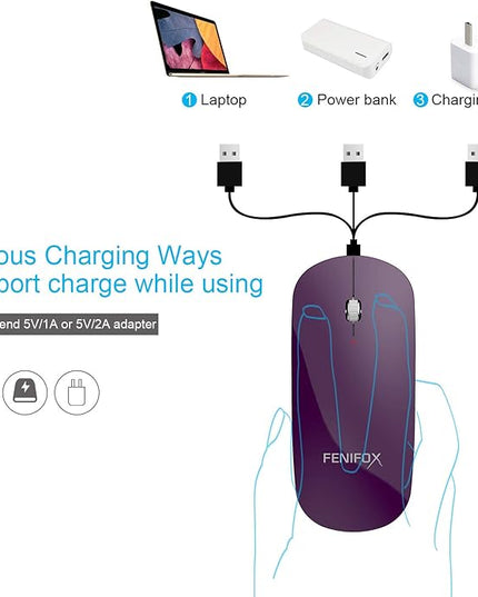 FENIFOX Bluetooth Mouse Slim, Whisper-Quiet Mini Flat Portable Mobile Mice Rechargeable Compatible with Laptop,PC,Android Windows Tablet - Deep Purple