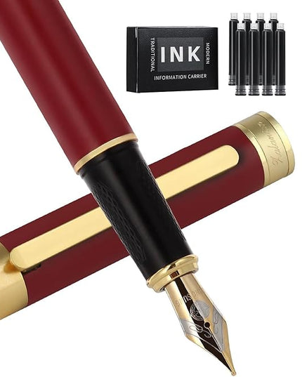 Zalantan Fountain pen, Stunning luxury pen, Nice pen gift, pure copper heavy feel Office Executive Pen Smooth Writing Pens for Men Funcy Pens with Gift Case 10 black cartridges (Red)