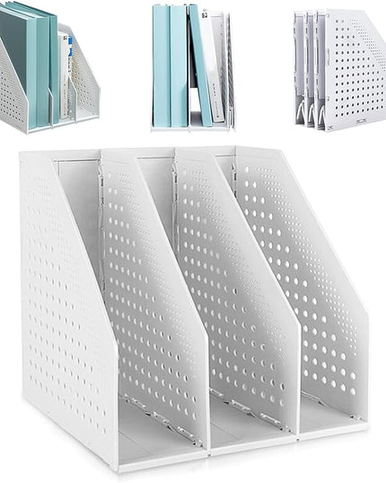 SAYEEC 1Pcs Collapsible Plastic Magazine File Holder Vertical Binder Storage Organizer for Desk Sturdy Upright Desktop Magazine Organizer Folder Rack for Office School Home (3 Compartments, Gray)
