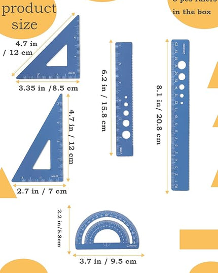 Zotemo Metal Geometry Set, 5-Piece Aluminum Ruler, Math Drafting Ruler Kit Includes Protractor, Triangle Rulers, Straight Rulers-Math Measurement Tools for School and Office Supplies (Blue)