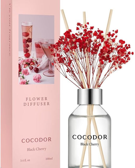 COCODOR Flower Reed Diffuser Set / 3.4oz / Black Cherry/Scent Diffuser with Sticks Home Fragrance Reed Diffuser for Bathroom Shelf Decor