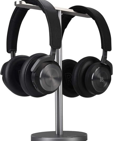 Double Headphones Stand, Aluminum Alloy Desk 3 Headsets Holder Supporting Desktop Earphone Hanger Mount Storage Rack with Heavy Base for Home and Office Display Spacegrey