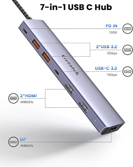 10Gbps USB C Hub, Laptop Docking Station, 7in1 Triple Display Docking Station with Dual HDMI, DisplayPort, PD 100W, 2 USB 3.2, USB C 3.2 Port for Dell Hp Lenovo Surface Windows