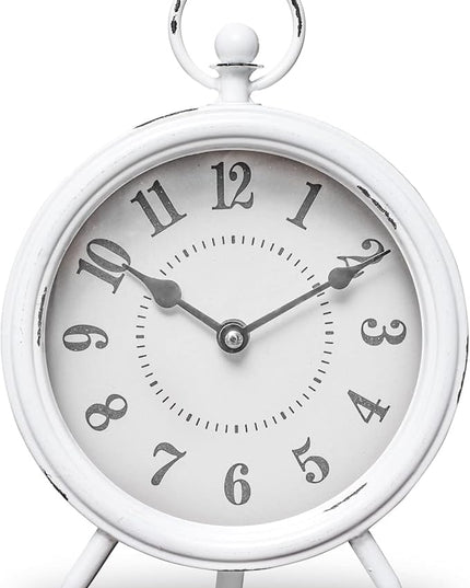MACVAD Vintage Rustic White Table Clock on Stand, Decorative Desk and Shelf Clock Farmhouse Mantel Clock Rustic Non-Ticking Clock