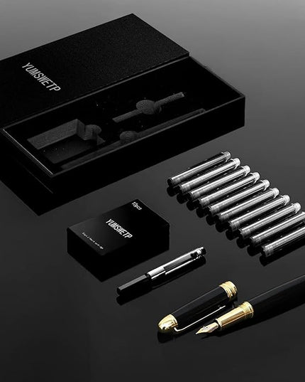 YUMSWETP Luxury Fountain Pen Gift Set For Writing Smooth, Fine Nib, Includes Refillable Ink Converter &10 Black 3.4mm Ink Cartridges Metal Pen,Journaling Fancy Pen