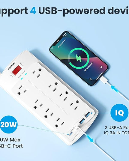 8-Outlet Surge Protector Power Strip, POWSAF 5Ft Flat Plug Extension Cord with 2 USB-C (PD 20W) Fast Charging Ports and 2 USB-A Ports for Home, Office, 2700 Joules, ETL, White