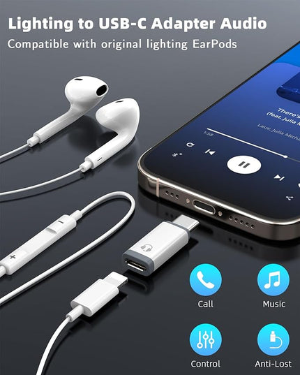 MoKo Lightning to USB C Adapter Audio Only for Apple Earpods with Line Control, Not for Charging/Data Transfer, Lightning to USB C Adapter for iPhone 16/15 Pro Max Plus, iPad, White