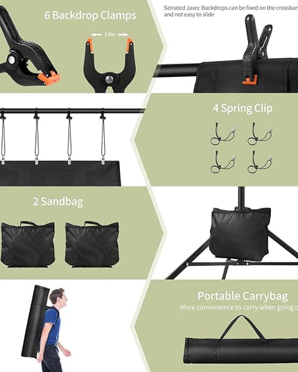 Backdrop Stand 10x7ft(WxH) Photo Studio Adjustable Backdrop Stand Kit Photography Backdrops with 4 Crossbars, 6 Clamps, 4 Spring Clip, 2 Sandbags and Carry Bag for Parties/Wedding/Photography