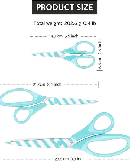 Uaugulft Scissors, Sharp Blades with Pattern, Soft Grip Handle, Multi-Purpose Scissors Set of 3 Suitable for Families, Office, and School Use, Blue