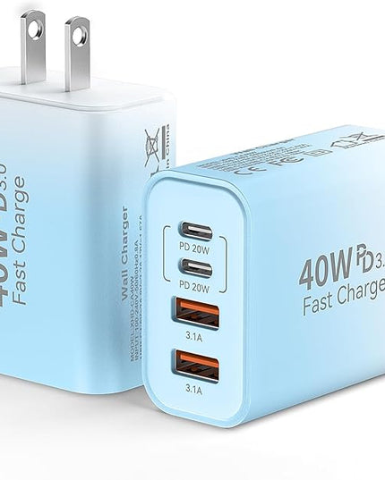 USB C Wall Fast Charger Block, 40W 4-Port Type C Chargers Fast Charging Blocks for Phone 17/16/15/14/13/12 Pro Max, Pad, Galaxy S24/23-2Pack Gradient Blue
