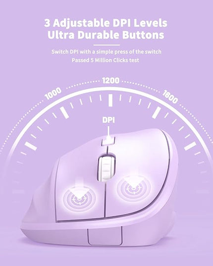 Ergonomic Wireless Mouse with USB Receiver for PC Computer, Laptop and Desktop, Ergo Mouse Vertical with Silent Clicks Long Battery Life, Up to 1600 DPI & 1 AA Battery Powered, Purple