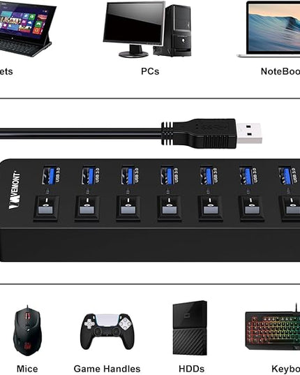 Powered USB Hub 3.0,VEMONT 7 Ports Multi USB hubs and 1 USB Smart Charging Port with 5V/3A Power Supply,USB Extension Splitter with Individual On/Off Switches and 4ft/1.2m Long Cable for PC/Laptop