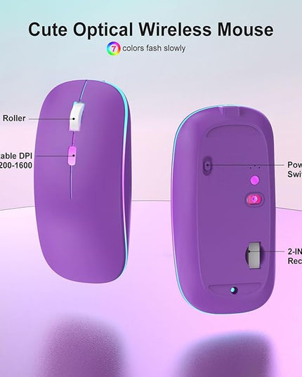 Purple Light Up Keyboard and Mouse Wireless,Cute 2.4Ghz Cordless Rechargeable Transparent Backlit Keyboard,15 Backlight Effects,Volume Knob,RGB Mouse with 3 DPI for Mac Computer PC Laptop Desktop iPad