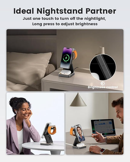 3-in-1 Wireless Charger for iPhone,15W Fast Wireless Charging Station Compatible with Mag-Safe Charger,Magnetic Foldable Travel Charger Stand Nightstand for iPhone 17/16/15/14,Apple Watch&AirPods