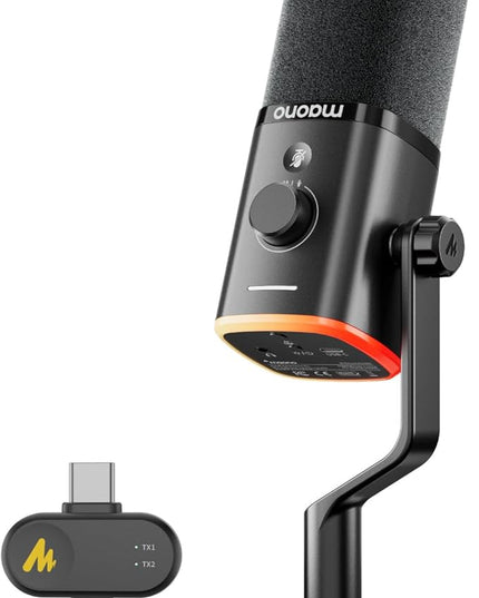 MAONO PD100W Wireless/USB Microphone, PC Gaming Mic with One-Click Noise Reduction,Mute Button,Custom RGB, 3.5mm Headphone Jack, Desktop Dynamic Streaming Mic for Recording,Podcasting, Black