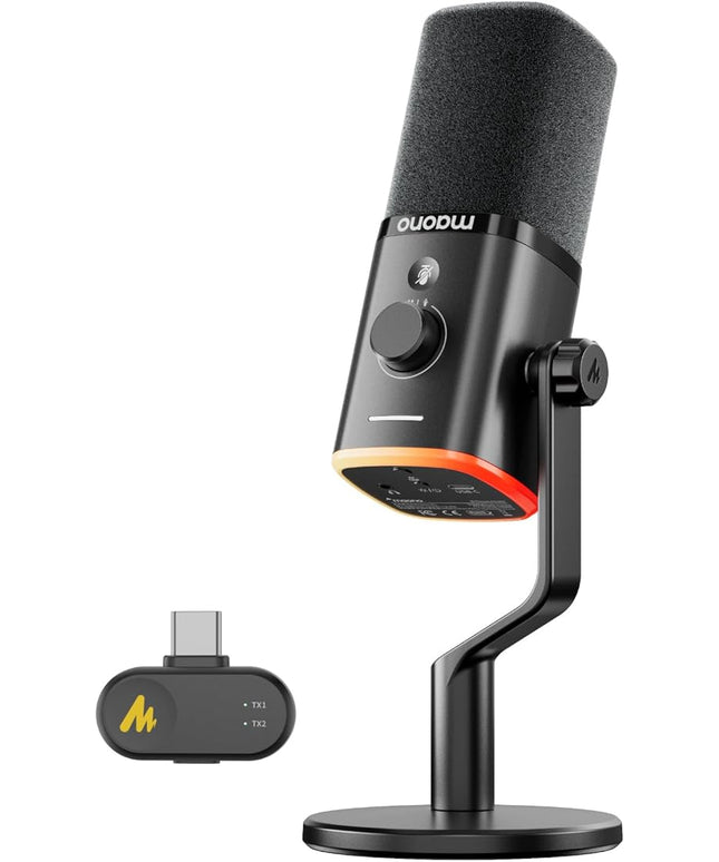 MAONO PD100W Wireless/USB Microphone, PC Gaming Mic with One-Click Noise Reduction,Mute Button,Custom RGB, 3.5mm Headphone Jack, Desktop Dynamic Streaming Mic for Recording,Podcasting, Black
