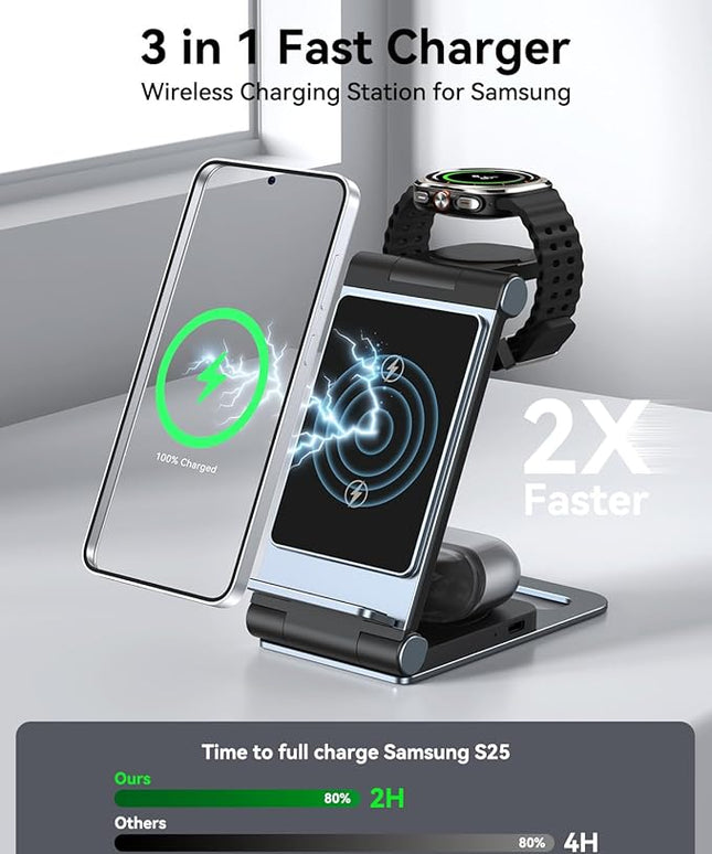 Wireless Charger for Samsung 3 in 1 Wireless Charging Station Foldable Wireless Charger Stand for Samsung S25 Ultra S24 S23 S22 Z Flip Z Fold 7 6 5 4 3 for Galaxy Watch 8/7/6/5/4/ Galaxy Buds