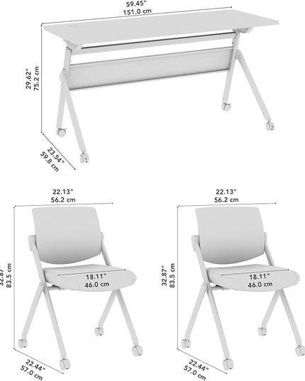 Bush Business Furniture Folding Training Table Set for 2, 60 inch Desk with Powered Grommets and 2 Chairs, Commercial-Grade Bundle for Office or Classroom, Envision Collection, White
