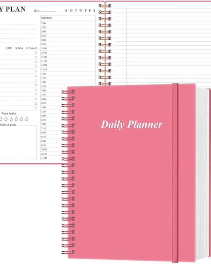 Daily Planner Undated - A4 To Do List Notebook Hourly Schedules, Spiral Appointment Planner for Women and Men,PVC Hardcover, Inner Pocket, Elastic Closure, 8.5" x 11", Pink