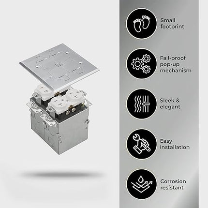 SLFB-2G-TR20-NI 20A Receptacle Outlets, Tamper Resistant Electrical Floor Box with Flip Lid and Nickel Plated Brass Cover, Retractable Recessed Socket for Kitchen, Countertops & Floors