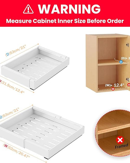 FILTA 2Pack Expandable Pull-Out Cabinet Organizer 21" Deep Slide Out Drawers, Upgrade 3 Slide Rails, Adjustable Width 12.4”-20.4”, With Screws and Nano Film Adhesive, White