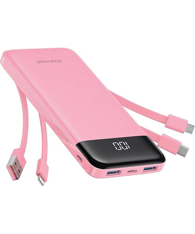 charmast Portable Charger with Built in Cables, Power Bank with Cords Wires, Slim 10000mAh Travel Battery Pack 6 Outputs 3 Inputs 3A Fast Charging for Samsung Google Pixel LG Moto iPhone iPad