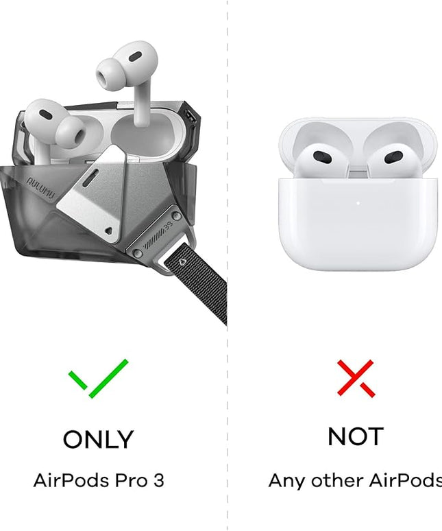 Aulumu A39 Geometric AirPods Pro 3 Case with Lock | Protective Cover with Nylon Buckle | Alloy Armour | Compatible with Apple AirPods Pro 3rd Generation Case (2025) - Transparent Gray