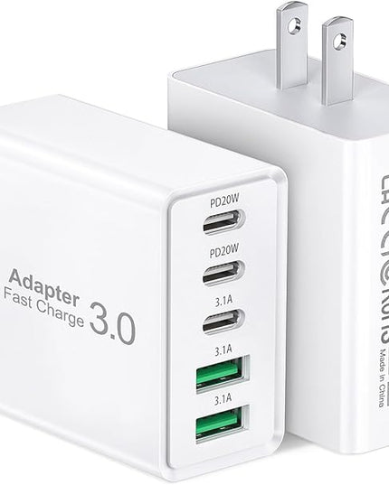 2Pack USB C Fast Charger Block,60W 5-Port USB Wall Charger Brick,2 USB A & 3 USB C PD3.0 Power Adapter Multiport Type C Charging Plug for iPhone 17/16/15/14,Pad Mini/Pro,AirPods 4,GalaxyS25(White)