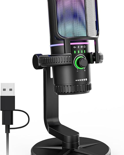 SINWE Gaming Microphone with Noise Cancelation & Gain Control- USB PC Mic for Streaming, Gaming, Podcasts, PC, PS4 -Includes Pop Filter, Shock Mount, Quick Mute & RGB Lighting