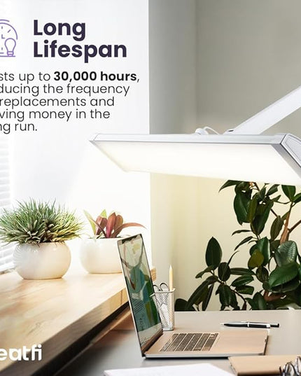 Neatfi Ultra 3,500 Lumen LED Desk Lamp, Color Correlated Temperature, 3 Light Modes, Dimmable, 45W, 26 Inch Wide Metal Shade, 540 SMD LEDs (CCT with Base, White)