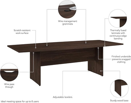 Bush Business Furniture 96-inch Office Conference Table with Wood Base, Boardroom Meeting Space for 8 Users, Black Walnut