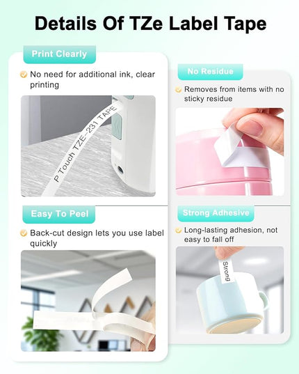 Ptouch Tape TZe231 TZe131 431 531 631 731,Replacement for Brother Label Maker Tape 12mm 0.47 Laminated White/Clear/Color P Touch Label Tape Work for Brother PT-D210 PTH110 PTP300BT PTD400
