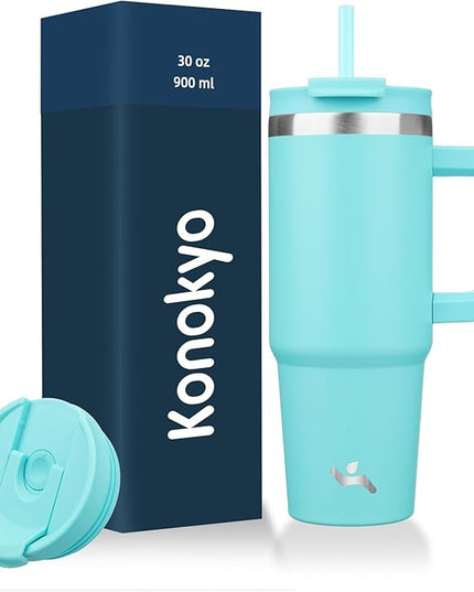 30 oz Tumbler with Handle and 2 Straws,2 in 1 Lid Insulated Water Bottle Stainless Steel Travel Coffee Mug,Turquoise