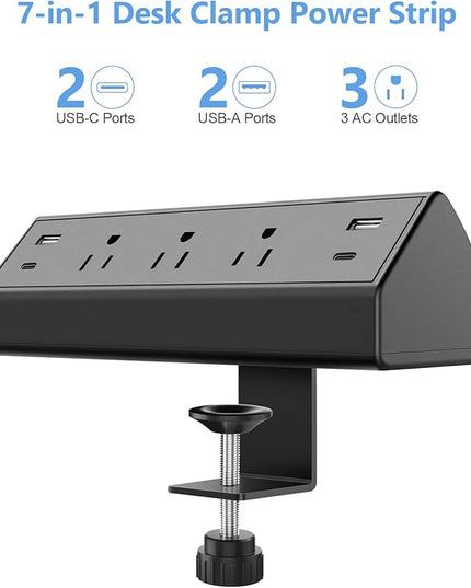 Desk Clamp Power Strip,40W Fast Charging Station,Desktop Mount Surge Protector,2 PD 20W USB C Ports,3 Outlets for Home,Office,Fit 1.9" Tabletop Edge (Black, 3 Outlets & 4 USB Ports & 15 FT Cable)