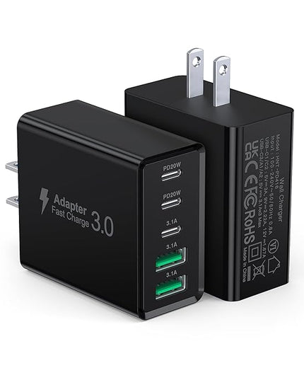[2-Pack] USB C Wall Charger, 60W Type C Charger Block 5-Port Fast Charging Blocks,3USB C+2USB A Multiport Plug,PD Power Adapter Brick Cube for iPhone 17/16/15/14/13/Pro,iPad,Samsung,for Switch（Black）