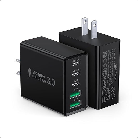 [2-Pack] USB C Wall Charger, 60W Type C Charger Block 5-Port Fast Charging Blocks,3USB C+2USB A Multiport Plug,PD Power Adapter Brick Cube for iPhone 17/16/15/14/13/Pro,iPad,Samsung,for Switch（Black）