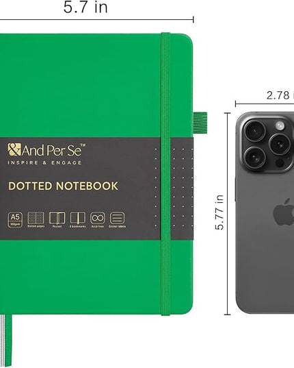 &And Per Se Dotted Journal Notebook, A5 Hardcover Leather Bullet Dotted Journal, 160 Pages 100 gsm Thick Paper, 3 Sheets of Stickers Included - 5.7'' x 8''（Emerald）