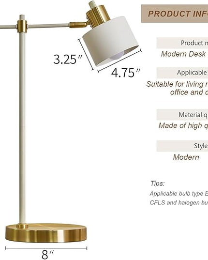 OYEARS Modern Industrial Desk Lamp for Reading LED 22.2“ Metal Table Lamp Light for Office Bedroom Study Room Living Room Nightstand Bedside Lamps Gold and Matte Cream Accent (Cream, Bulb Included)