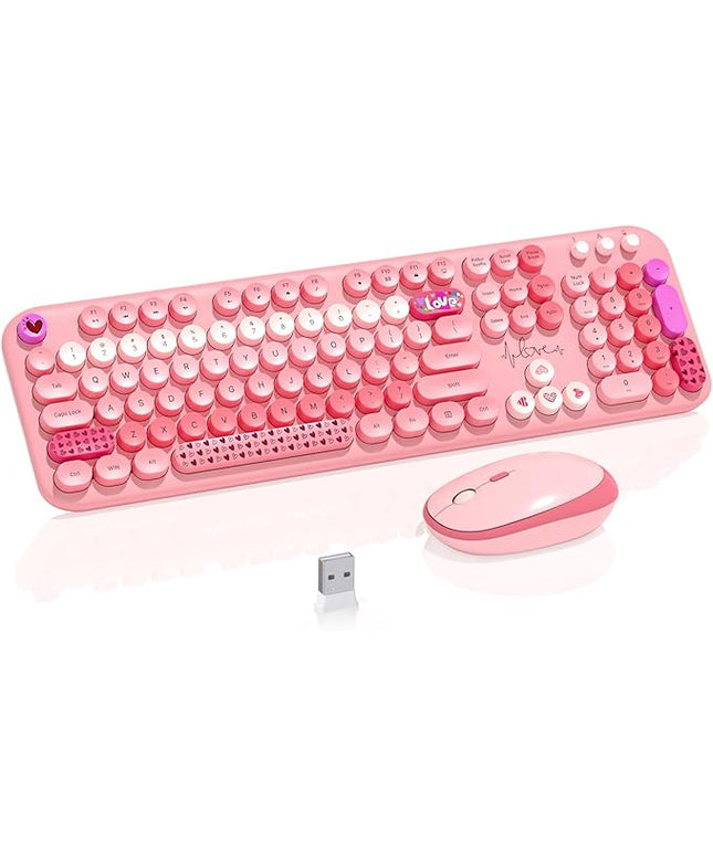 Wireless Keyboard Mouse,104 Full Size Cute Colorful Keyboard and Mouse with Retro Typewriter for PC/Mac/Laptop/Tablet/Computer/Windows/Microsoft, Pink