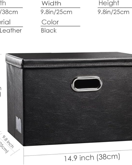 PRANDOM Foldable Storage Bins with Lids [5-Pack] Leather Fabric Collapsible Storage Boxes Organizer Containers Baskets Cube with Cover for Bedroom Closet Office Nursery Black (14.9x10.8x10)