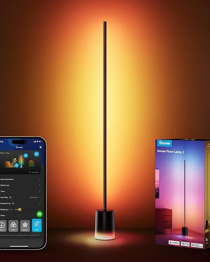 Govee Floor Lamp 2 with Matter, RGBIC, Warm Cool White LED, Alexa Compatible, 1725lm, Music Sync, Scene Modes, Smart Floor Lamp for Living Room, Bedroom, Black(1 Pack)