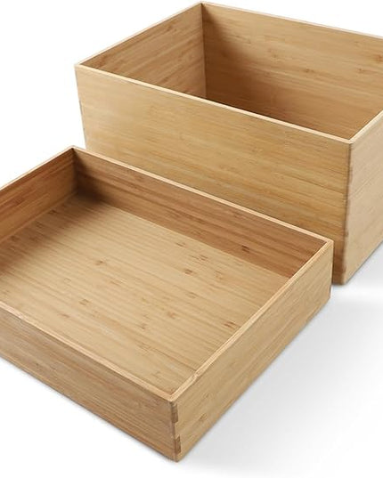 2-Piece Large Bamboo Storage Box Set, 7.1 in High Stackable Deep-Drawer Organizer for Kitchen Cutlery, Utensils & Knives, Lidless Wooden Bin for Homes & Offices (14.6"x10.2"x7.1"+14.6"x10.2"x3.1")