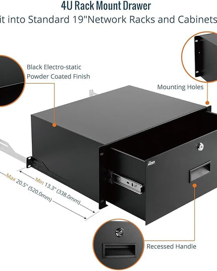 Tecmojo 4U Rack Drawer,Rack Mount Drawer for 19in Network Equipment/Server/AV Rack or Cabinet Enclosure,Sliding and Lockable Server Rack Drawer - Load-Bearing 44lb (20kg),with Cable Management Holes