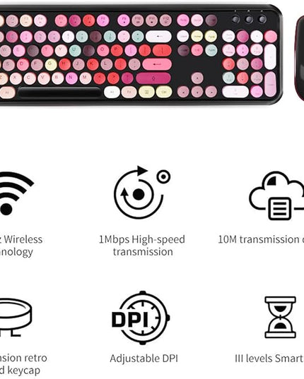FOPETT Keyboard and Mouse Sets, Wireless, Reliable 2.4 GHz Connectivity for PC,Laptop,Smart TV and More (Black Colorful)