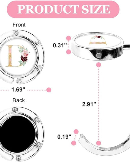 XSUIOY 3Pcs Personalized Initial Foldable Purse Hook for Table,Crushed Flower Letters Folding Purse Hanger,Purse Holder Handbag Hanger Collection Desk Table Bag Hooks Gifts for Women Bag(Pink-D)