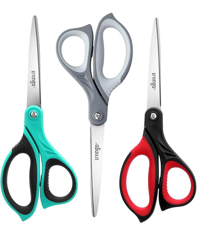 LIVINGO 8.5" Scissors All Purpose, 3 Pack Ultra Sharp Blade Shears, Professional Ergonomic Comfort Grip Scissors for Office School Home Supplies Fabric Sewing DIY Cutting General Use